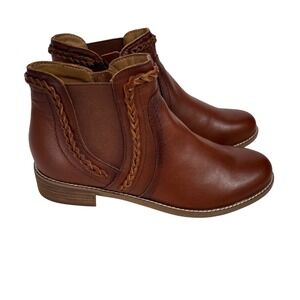 Earth Etnika Brown Leather Braided Ankle Boots Womens 9M Side Zip Low Block Heel